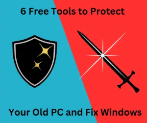 a vector graphic of a shield and a sword against the background colours of blue and red respectively