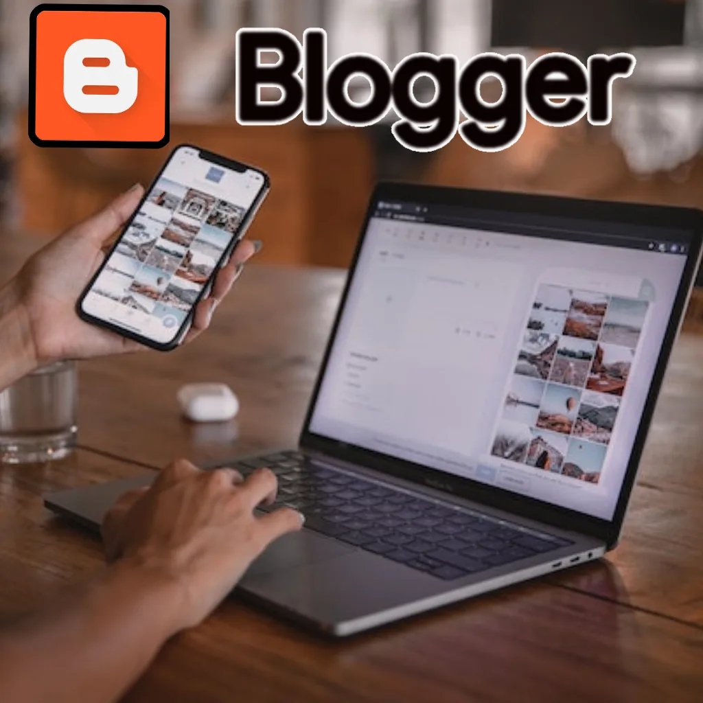 A person with a mobile in the left hand comparing the same photos on a laptop depicting technical seo settings in blogger