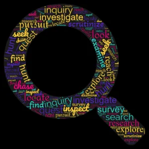 A word cloud in the shape of a magnifying glass filled with synonyms of the word Search