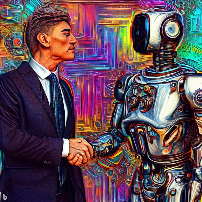 A man and a robot are shaking hands depicting adaptation of AI