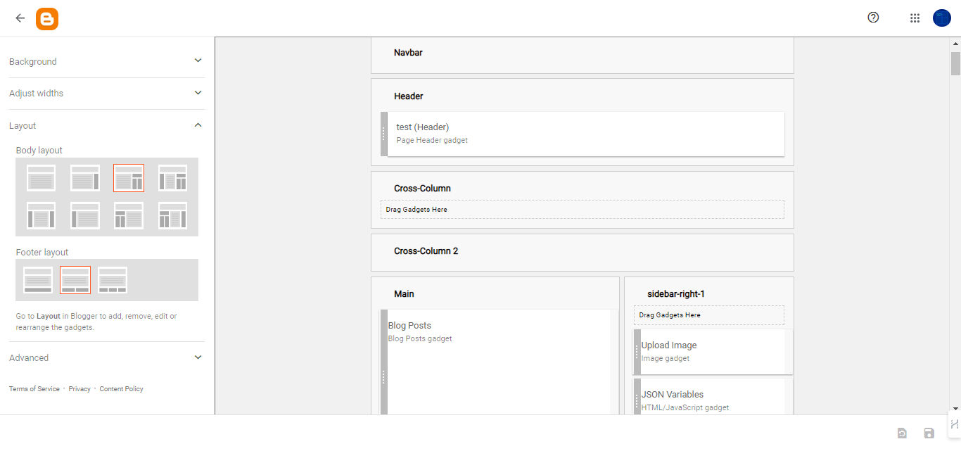 Screenshot on how to customize the layout in blogger