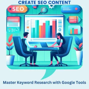 A vibrant and engaging illustration showing a couple of SEO experts at work with a subtle office environment in a calming teal blue, a stylized big digital screen showing a colorful bar graph, depicting keyword research with google tools