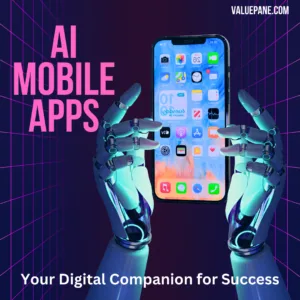 Two Robotic arms clasping a mobile phone that has mobile apps displayed on its screen depicting AI Mobile Apps