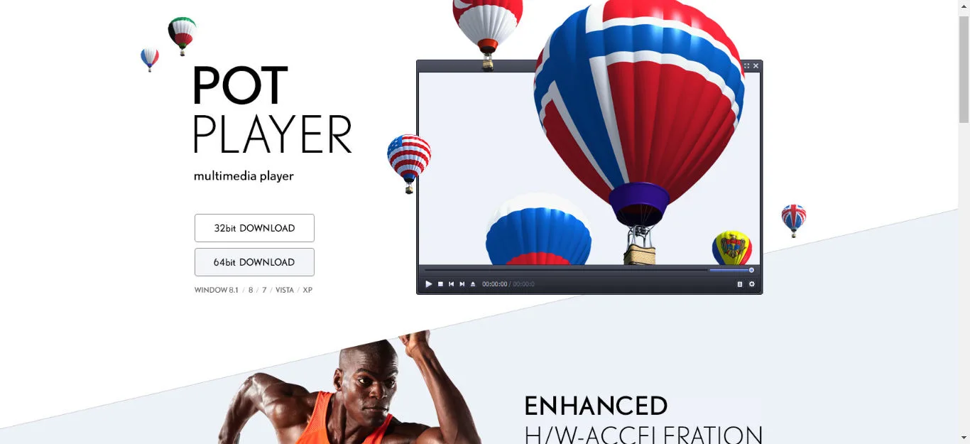 screenshot of pot player homepage with download button