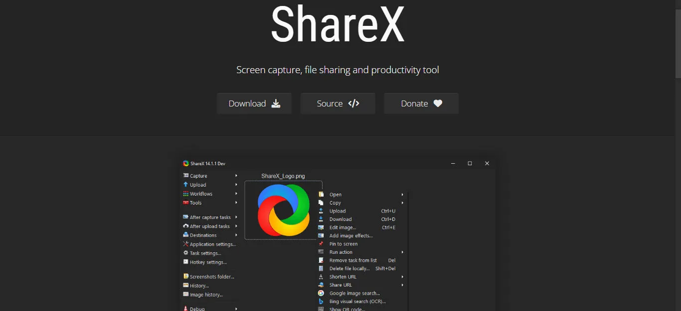 Screenshot of ShareX home screen showing all tools