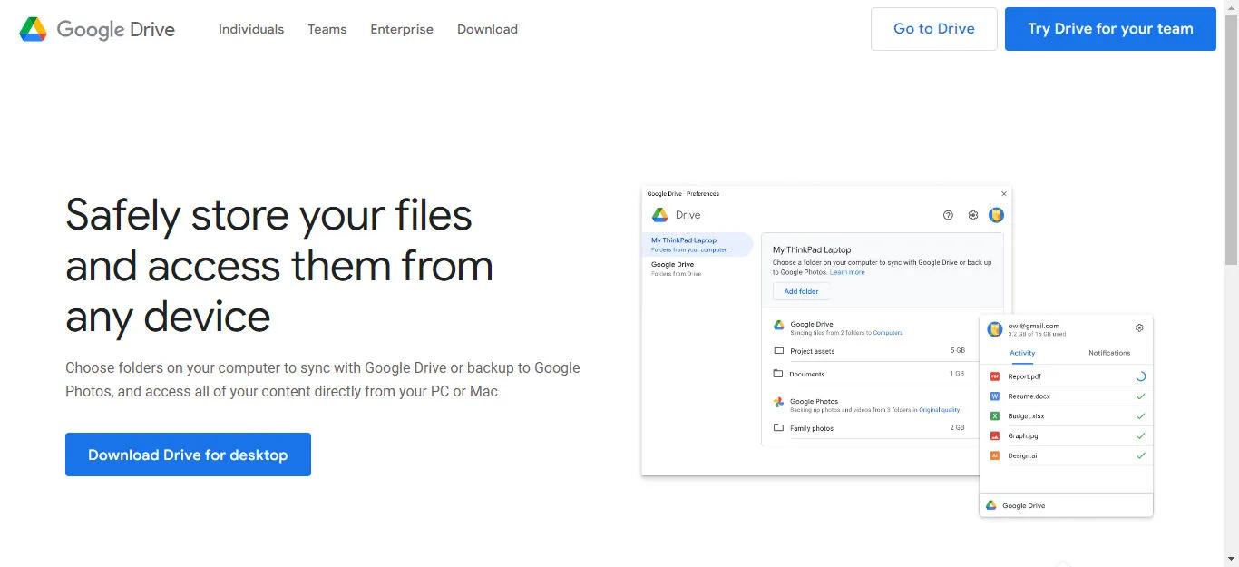 Screenshot of the google drive homepage showing its features