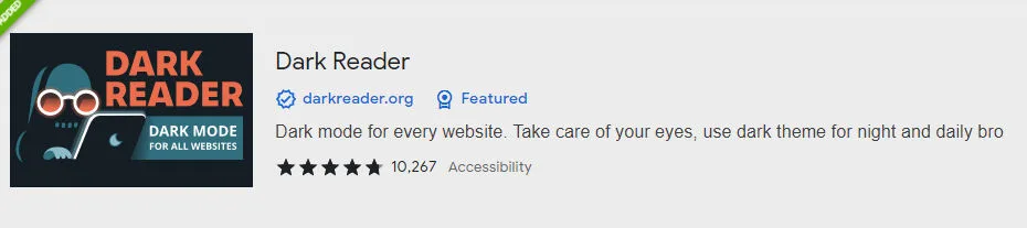 screenshot of the Dark Reader extension with rating from the chrome web store