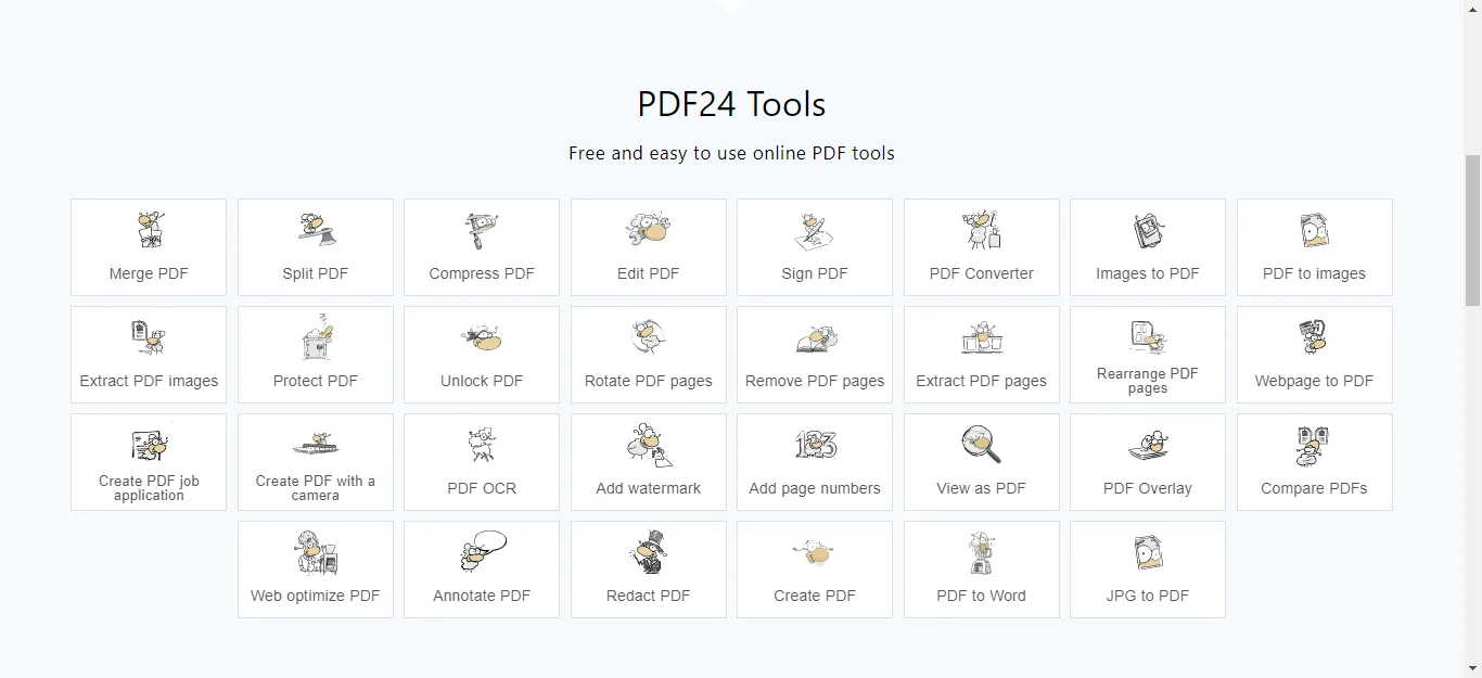 screenshot of Pdf24 tools list from its homepage