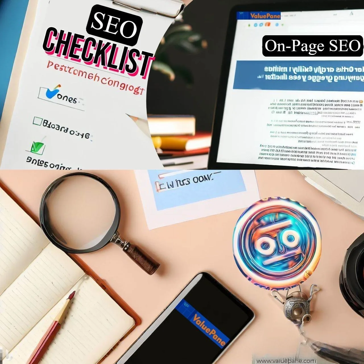 An illustration of On-page SEO for Blogger, showing a laptop screen, clipboard, magnifying lens and a mobile phone