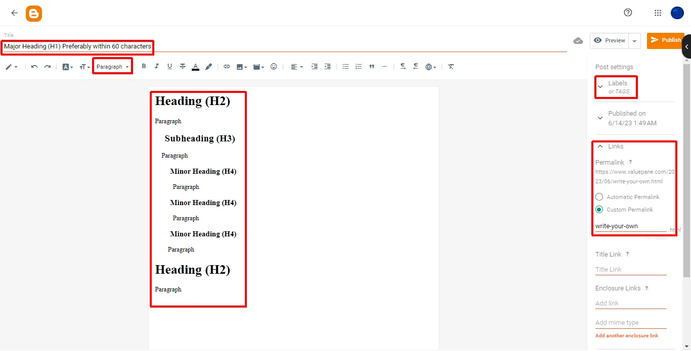 Screenshot highlighting some of the on-page SEO tips in Blogger