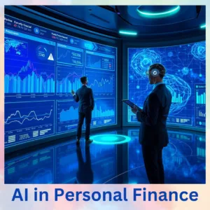 A professional interacting with a vast financial dashboard, surrounded by holographic projections and AI-driven analysis, and another person on the side is using a tablet to manage her budgets and investments, with AI virtual assistants appearing as helpful and friendly avatars depicting AI in Personal Finance