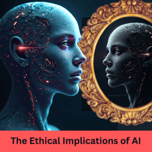 A humanoid robot looking at a mirror reflection of itself that is discoloured signifying the ethical implications of AI