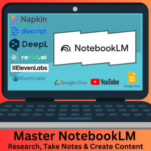 An animated laptop screen showing logos of apps to upload sources and integrate with NotebookLM to research, take notes and create content depicting Master NotebookLM