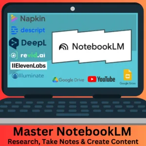 An animated laptop screen showing logos of apps to upload sources and integrate with NotebookLM to research, take notes and create content depicting Master NotebookLM