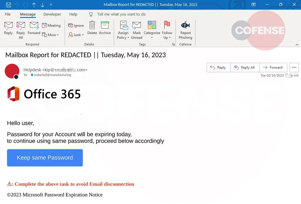 An email customized with the recipient’s email address (redacted) and the current date in the subject