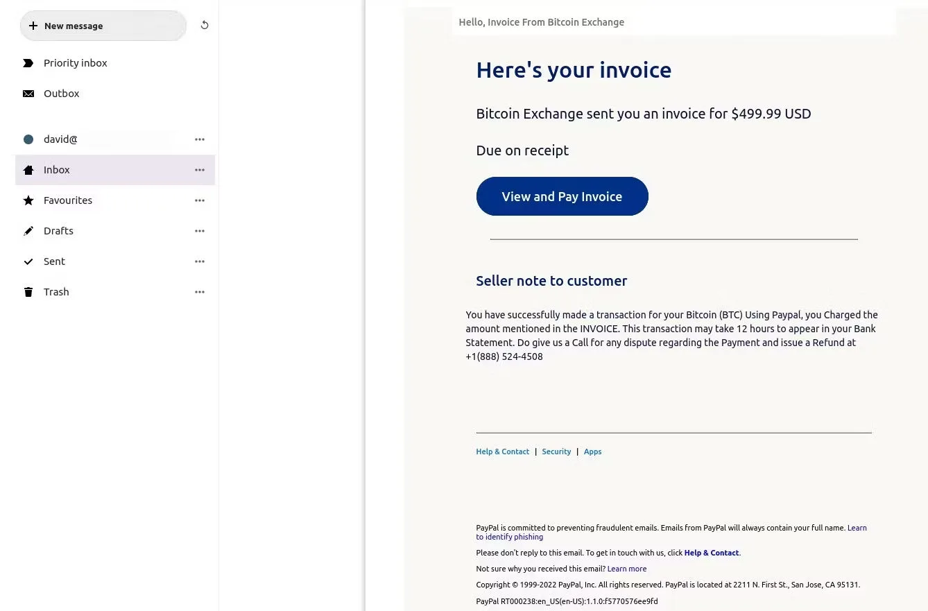 Screenshot of an invoice Bitcoin scam via PayPal