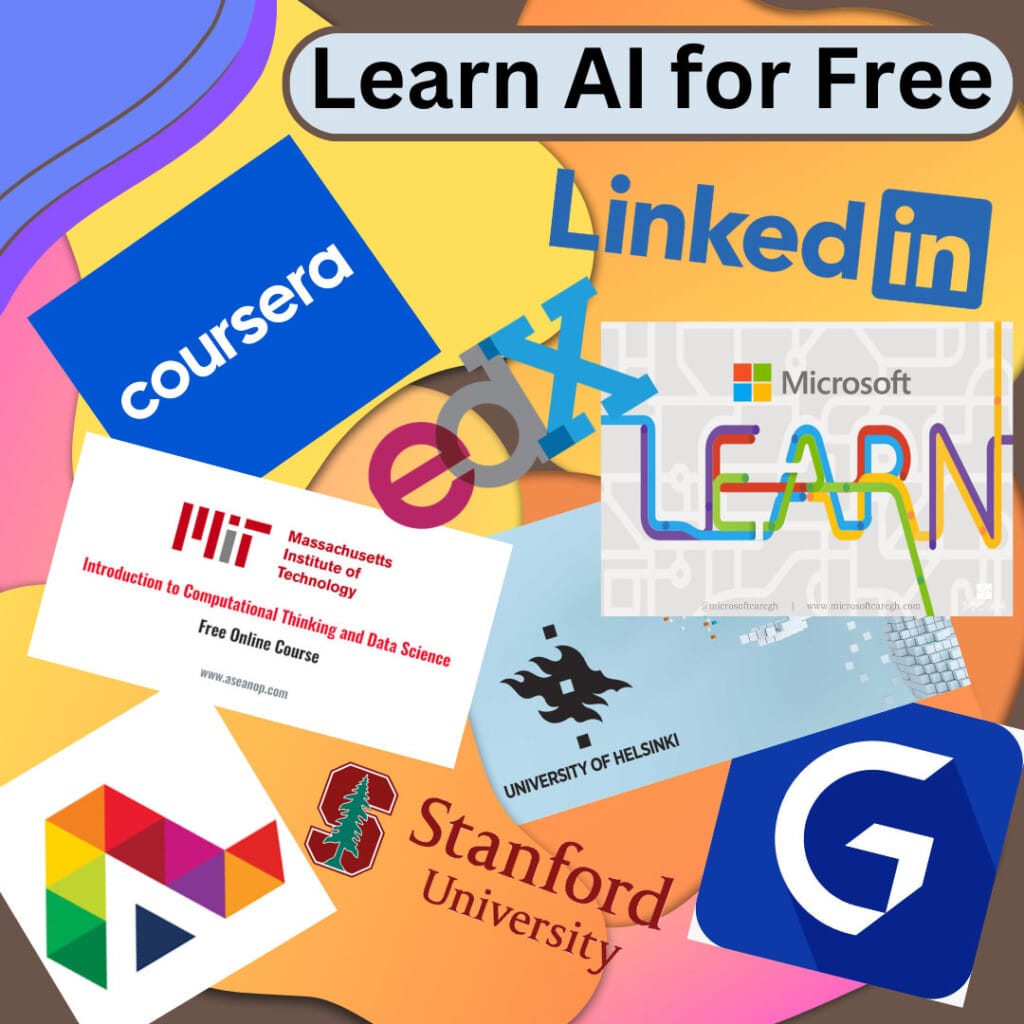 Collage of Logos of universities and platforms offering Free AI Courses
