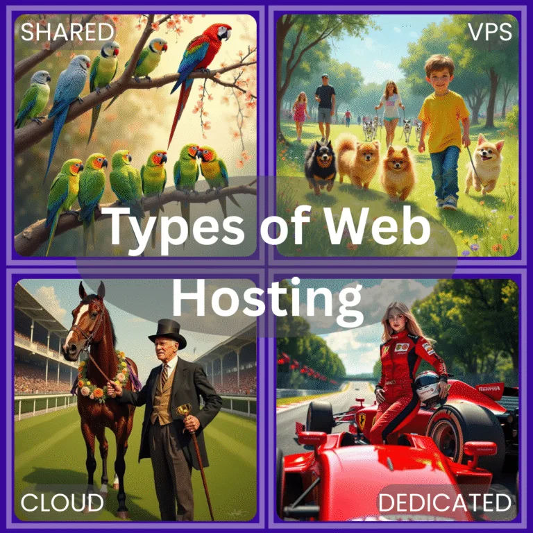 A collage of 4 photos, one of parakeets, one of dogs, one of a horse and one of a race car signifying the types of Web Hosting