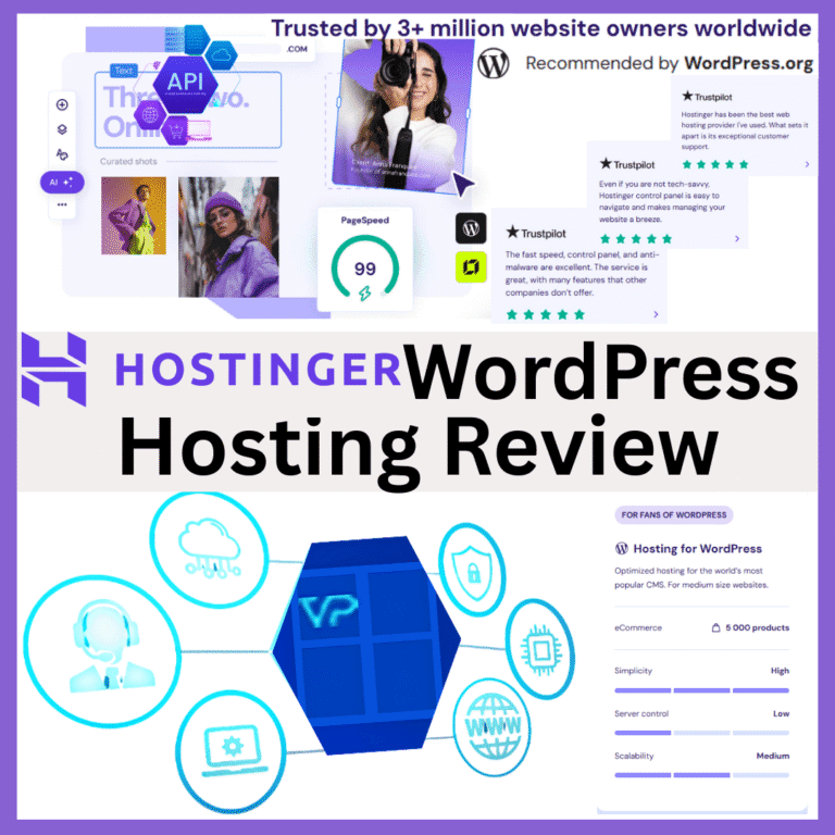 Screenshot collages depicting Hostinger WordPress Hosting Review