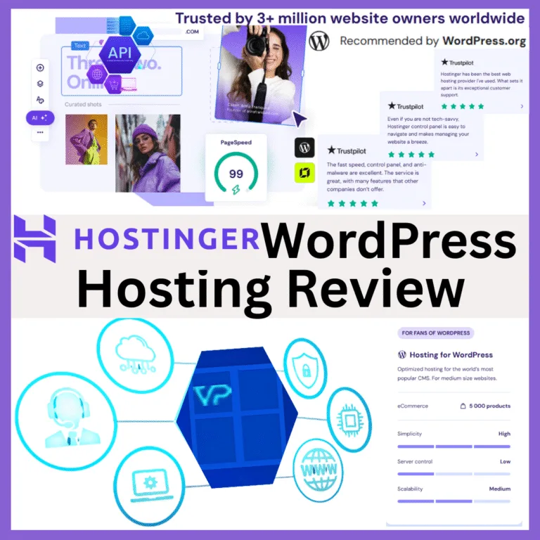 Screenshot collages depicting Hostinger WordPress Hosting Review