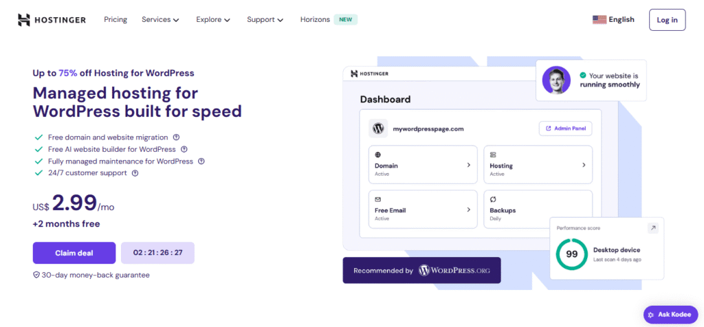 Screenshot of Hostinger Managed WP Hosting