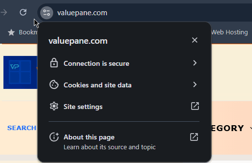 Screenshot of SSL on ValuePane website