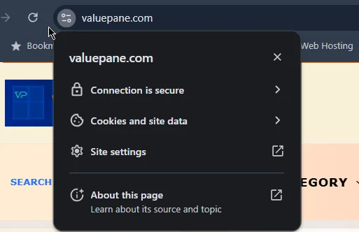 Screenshot of SSL on ValuePane website