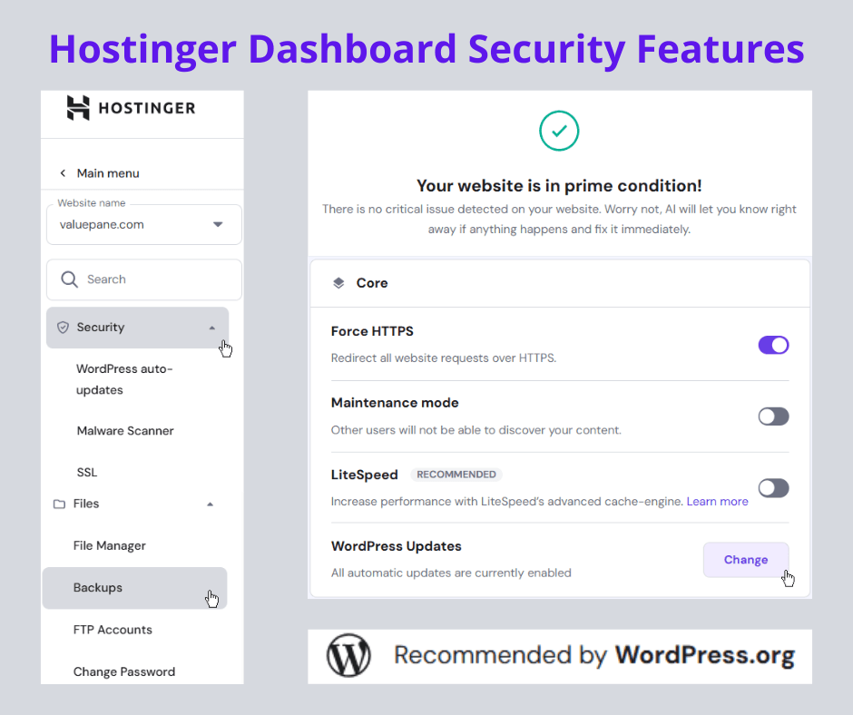 Screenshots of Hostinger dashboard security features