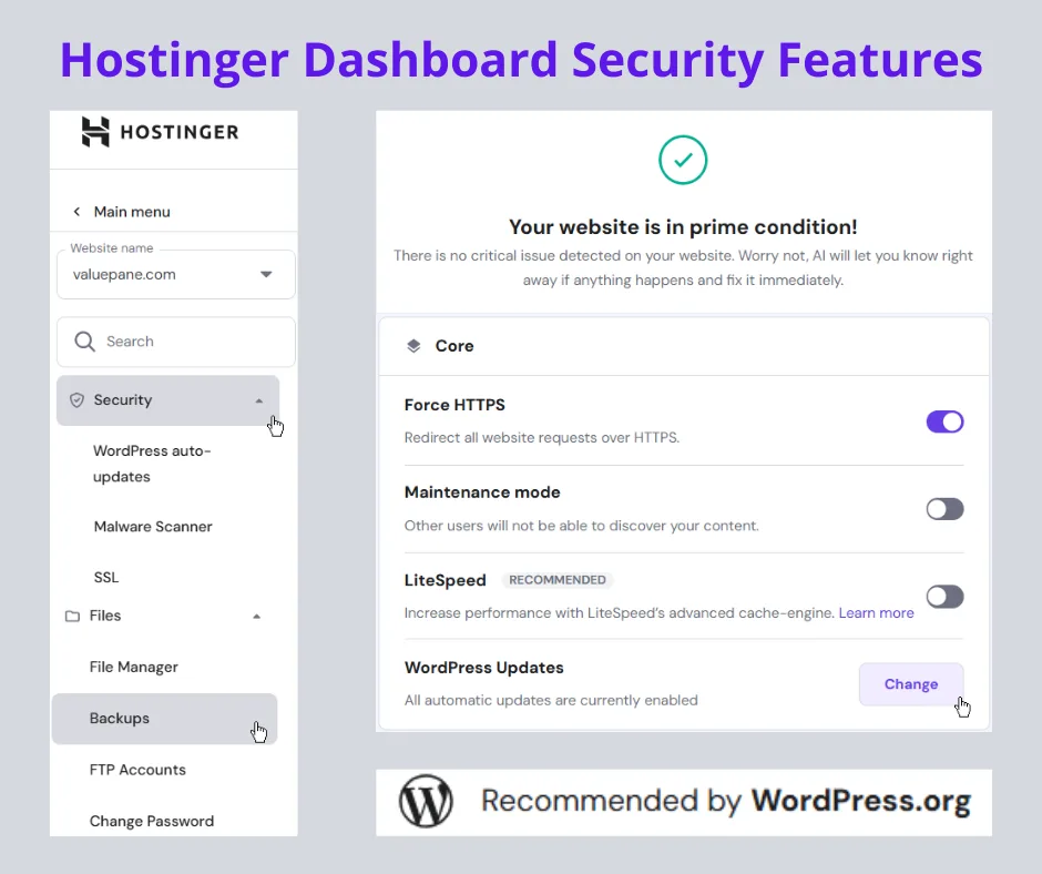 Screenshots of Hostinger dashboard security features