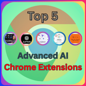 Icons of 5 advanced ai chrome extensions with a transparent chrome logo in the background