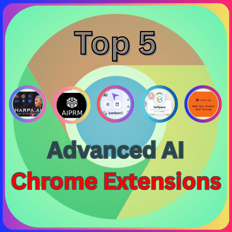 Icons of 5 advanced ai chrome extensions with a transparent chrome logo in the background