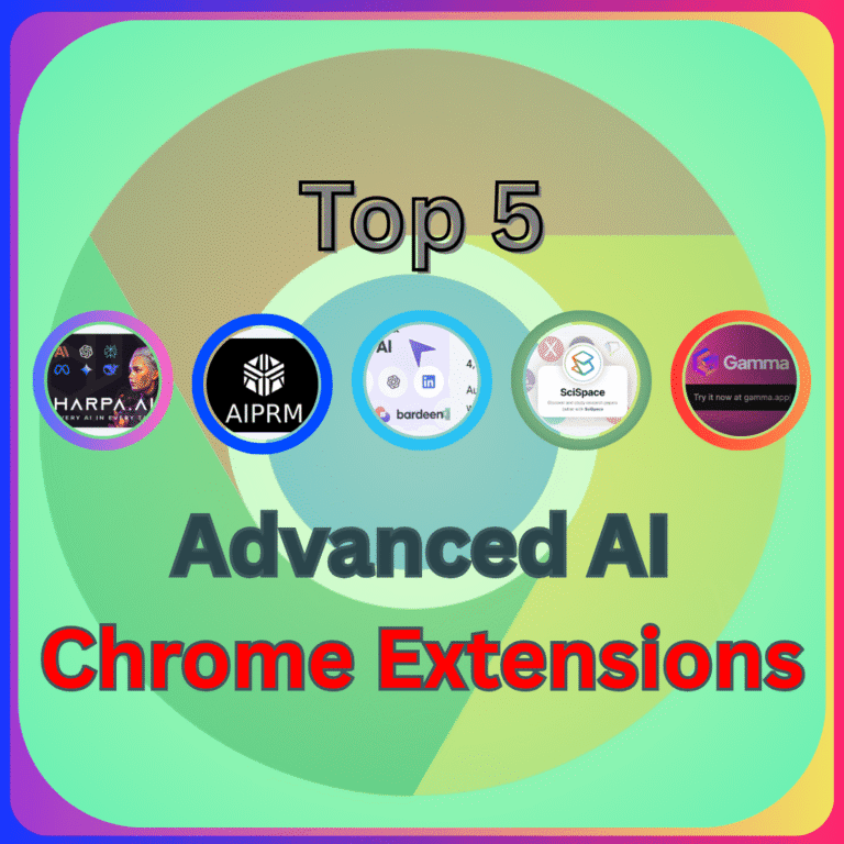 Icons of 5 Advanced AI Chrome Extensions with a transparent Chrome logo in the background
