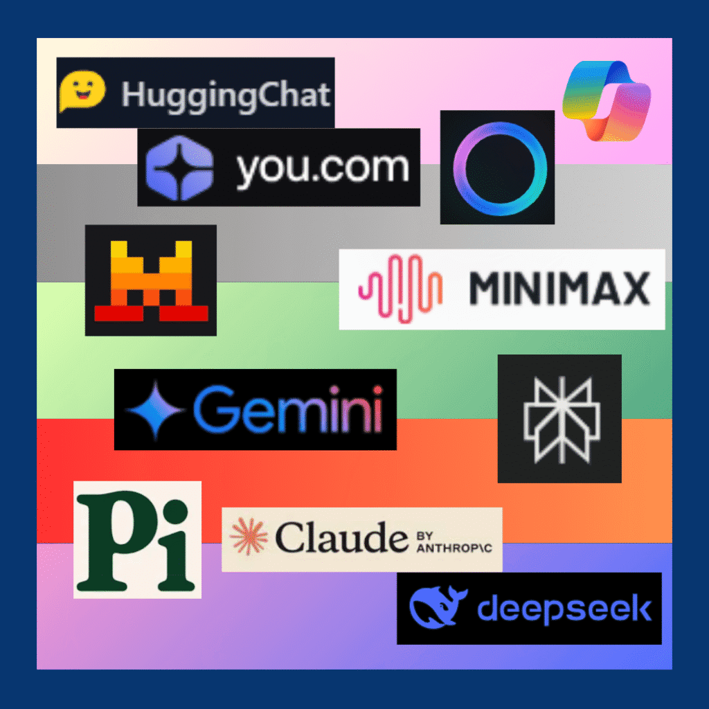 Collage of Logos of ChatGPT Alternative AI Asssistants