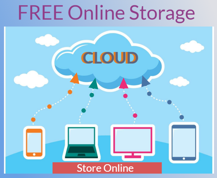 A vector graphic showing various devices uploading data to a free online cloud storage