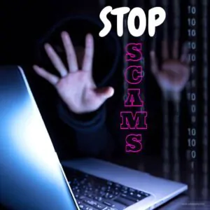 Wide open palms of a person in front of a laptop screen within a virtual background attempting to stop a scam