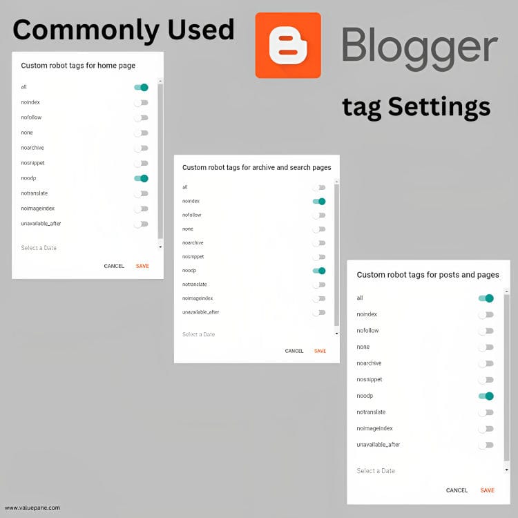 The Ultimate Guide To Master Blogger Settings (2025 Update) 4 Compiled screenshots of the commonly used tag settings