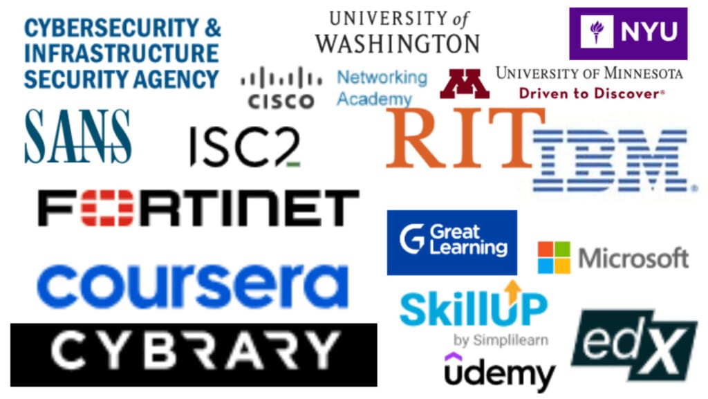34 Cybersecurity Courses-Learn Online-Get Free Certificate 1 Collage of the logos of the platforms offering cybersecurity courses