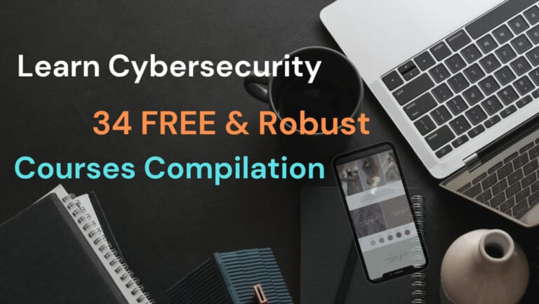 34 Cybersecurity Courses-Learn Online-Get Free Certificate 5 Top view of a laptop, mobile, notebook and an empty flower vase and coffee mug on a matt black background