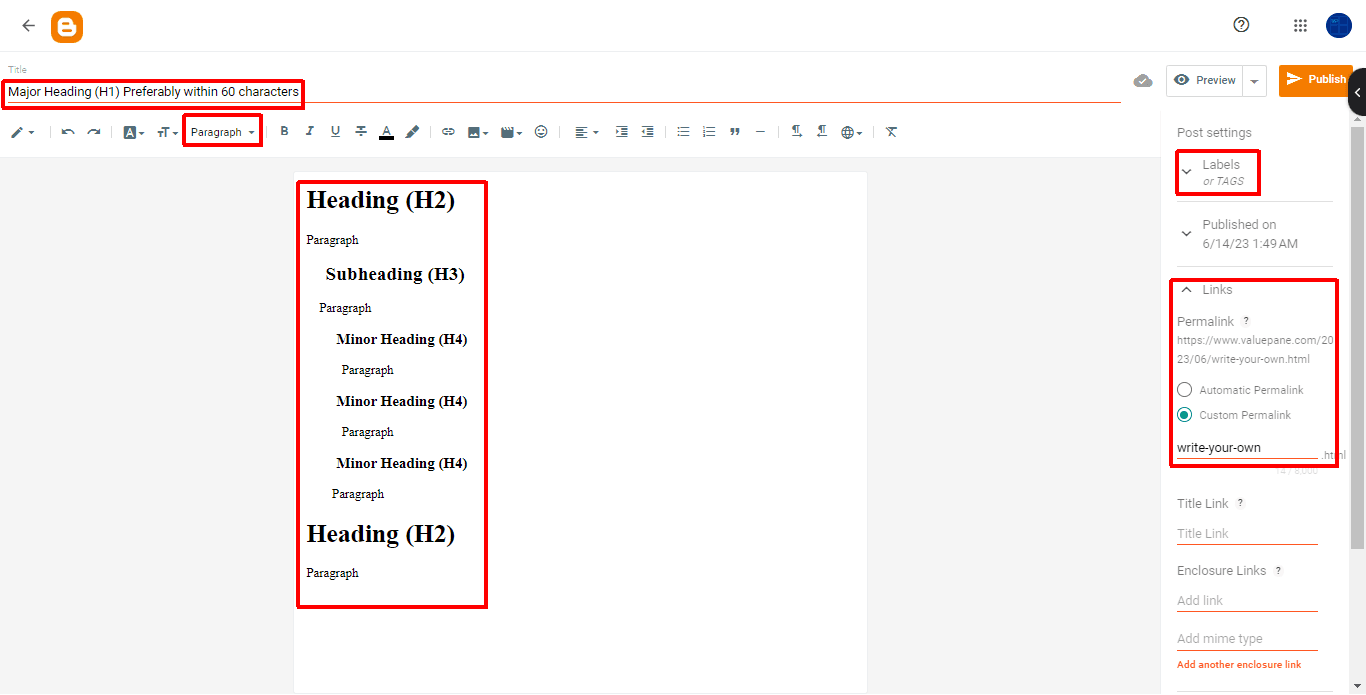 Master On-Page Seo For Blogger Like A Pro-Step By Step Guide 1 Screenshot highlighting some of the on-page seo tips in blogger