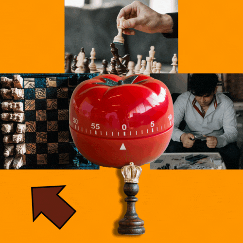 State Of Flow With The Pomodoro Technique Four images- a chess board game, a hand moving a unit on the board, a man thinking of his next move, game over depicting the state of flow