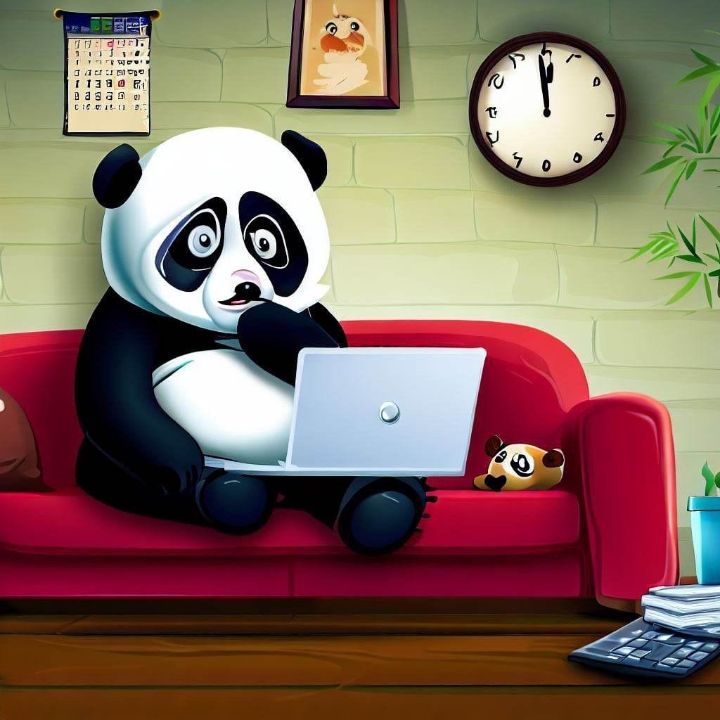 6 Steps To Boost Remote Work Productivity Like A Pro 1 A panda worriedly working at a laptop on a red sofa with a clock and a calendar hanging on the wall