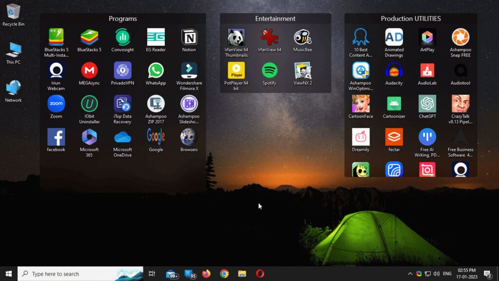 Screenshot of a desktop full of icons segregated in containers showcasing usage of utility tools