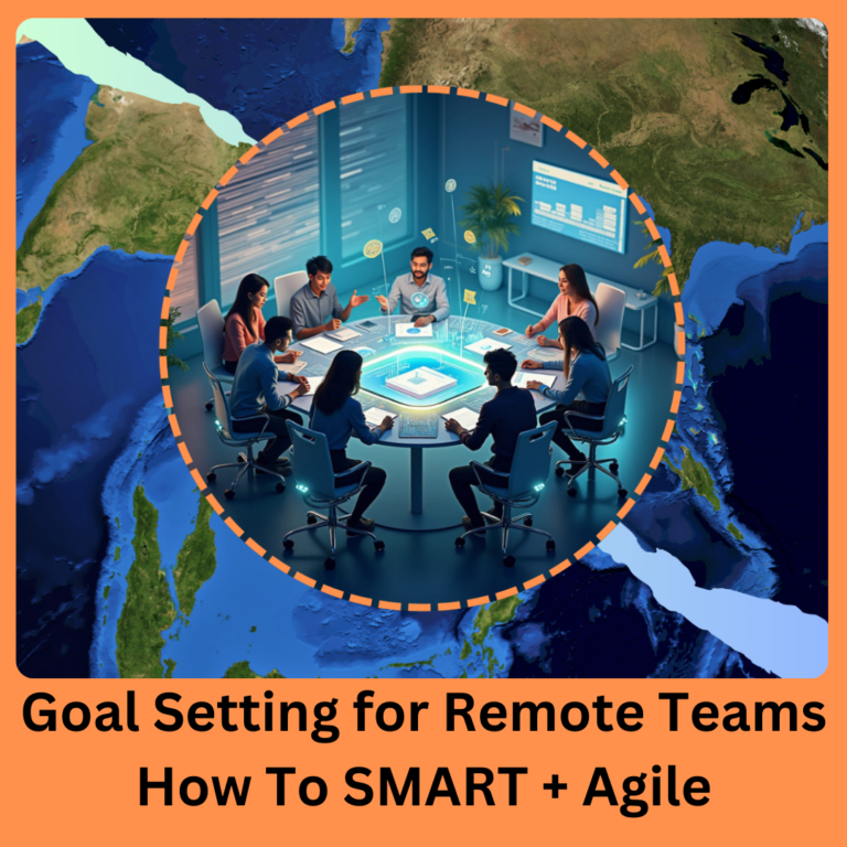 Effective Goal Setting For Remote Teams. How To Smart + Agile 1 A group of people sitting around a round office table in an office environment inset within a background of two different continents depicting goal setting for remote teams