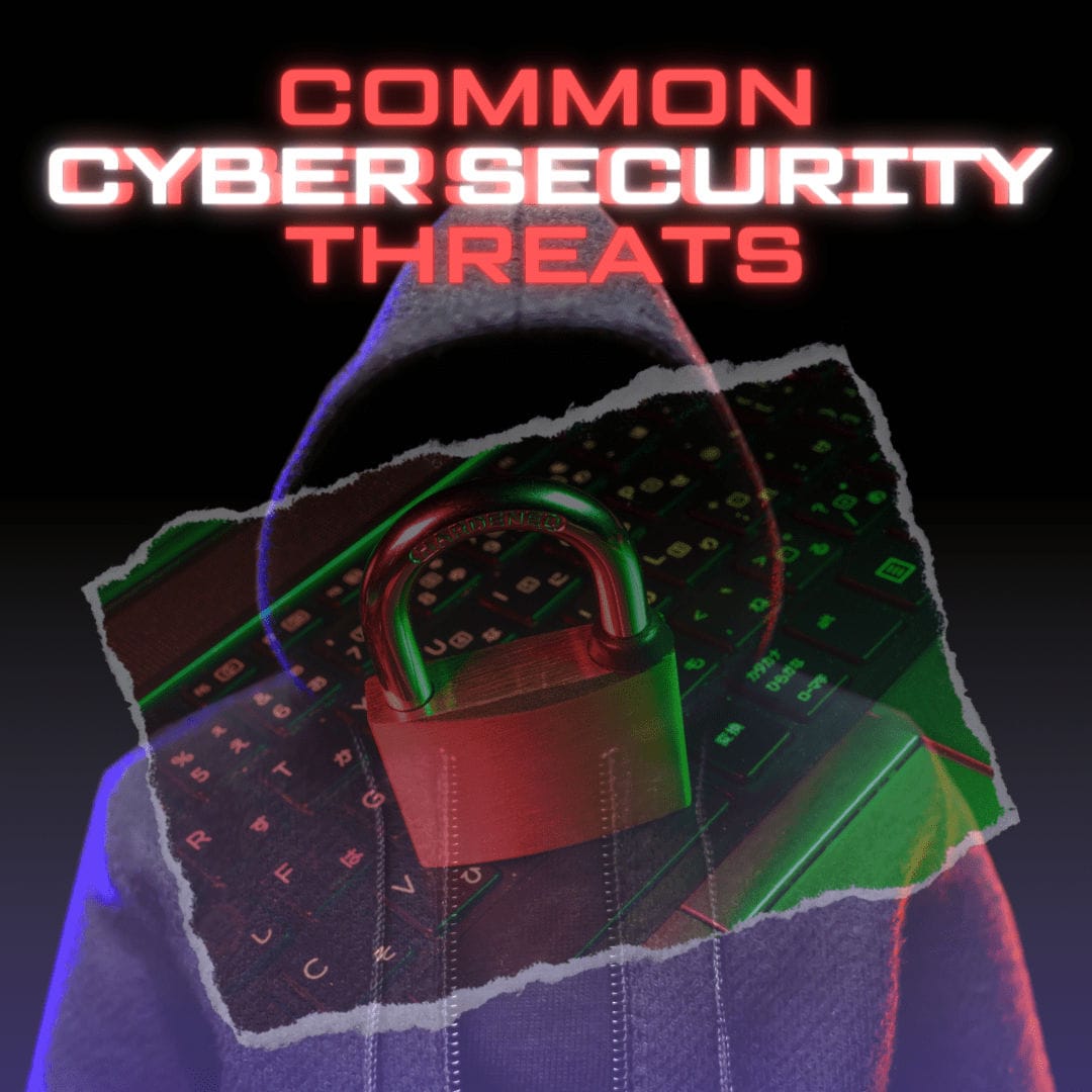 3 Common Cybersecurity Threats For Small Businesses A faceless hoodie in the background and a keyboard with a lock on it on the foreground