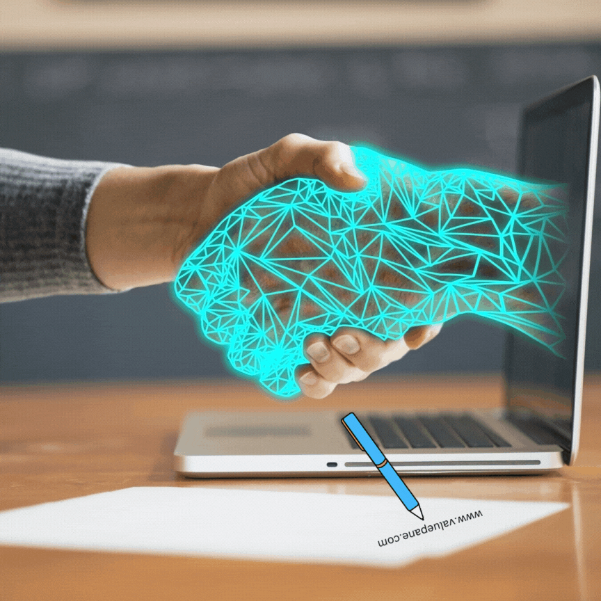 Ai Writing A human shaking the virtual hand of a laptop and a pen writing on its own depicting embracing ai writing