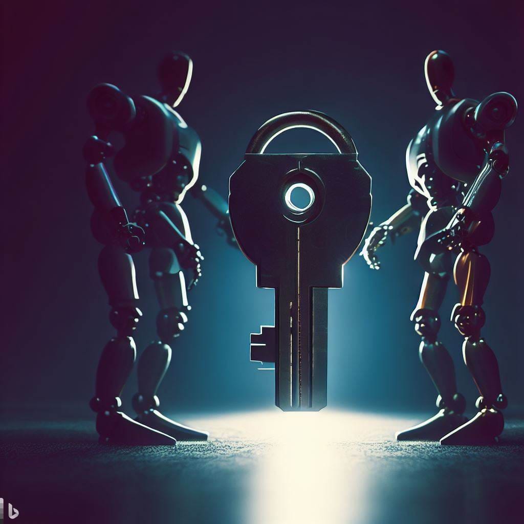 Ai In Cybersecurity Two robots facing each other and in between them is a lock shaped key depicting ai in cybersecurity