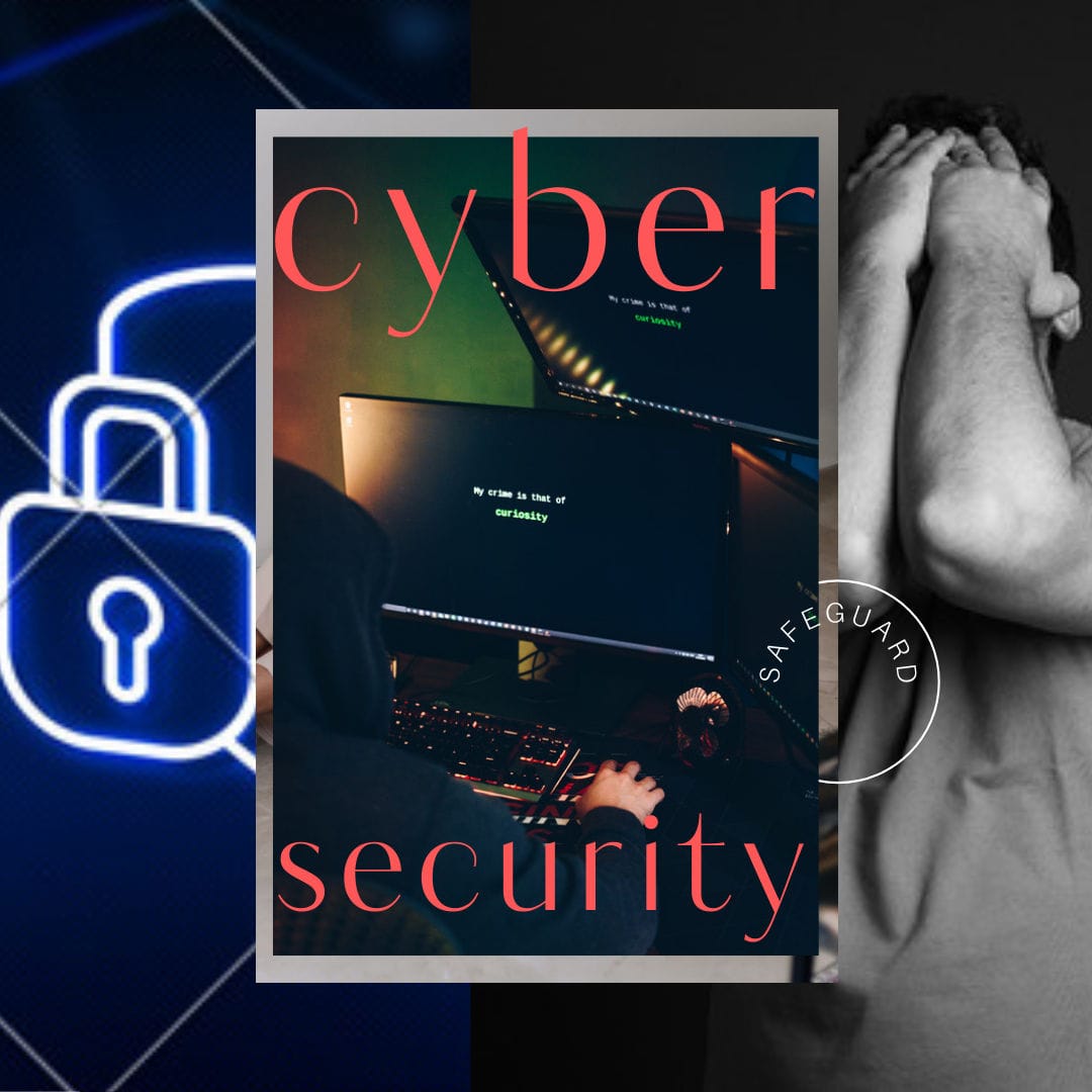 Why Cybersecurity Matters In 2023 And Beyond A lock made of neon light, a hacker, and a person regretting