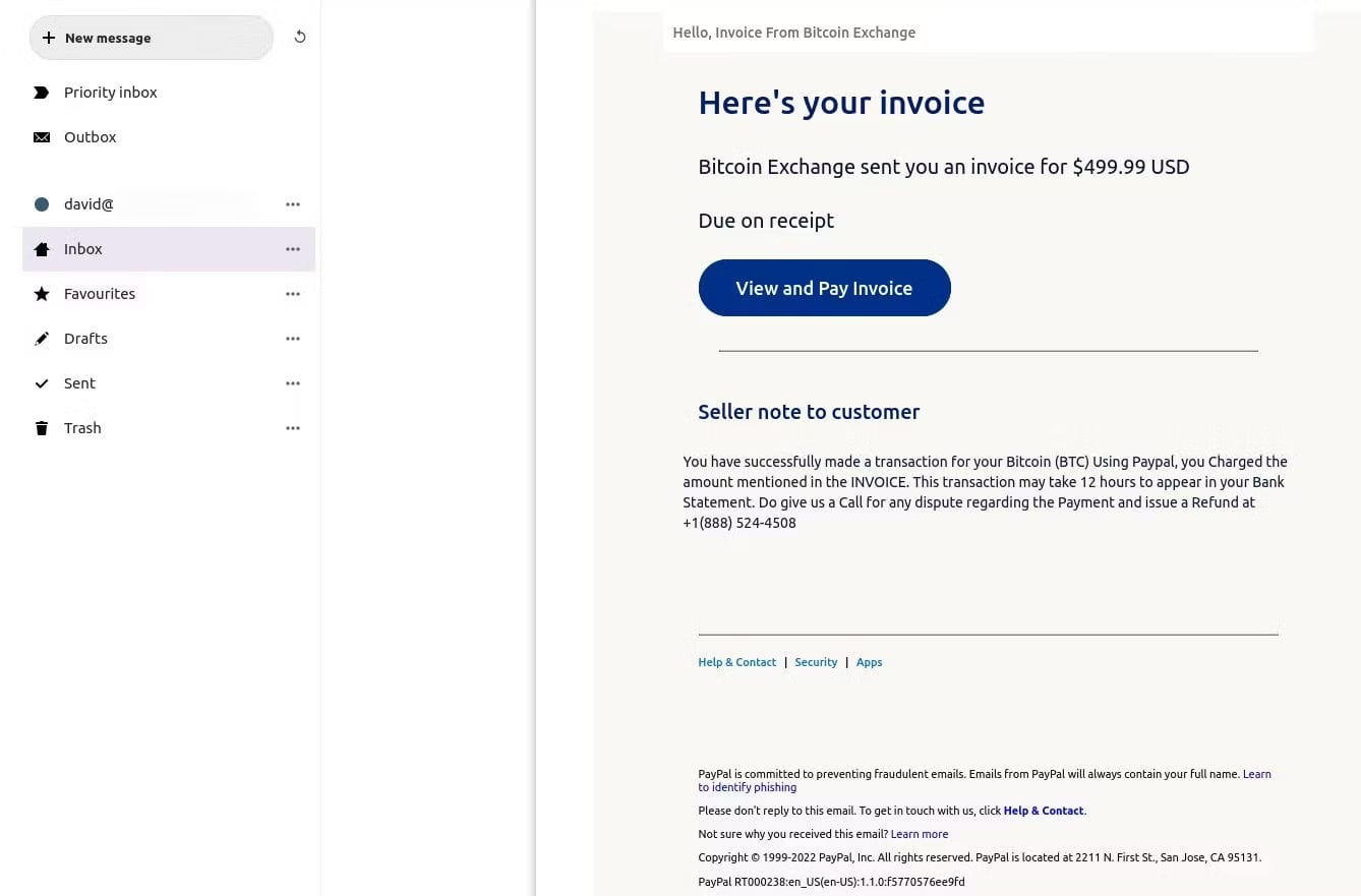 How To Spot And Avoid Email And Phishing Scams 4 Screenshot of an invoice bitcoin scam via paypal