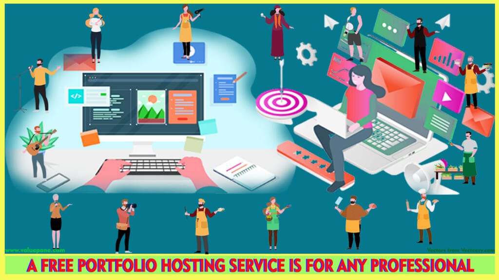 A vector graphic showing various professionals encircled around a girl offering portfolio hosting services