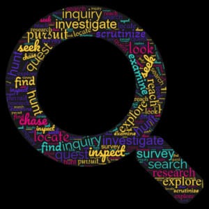 A word cloud in the shape of a magnifying glass filled with synonyms of the word Search